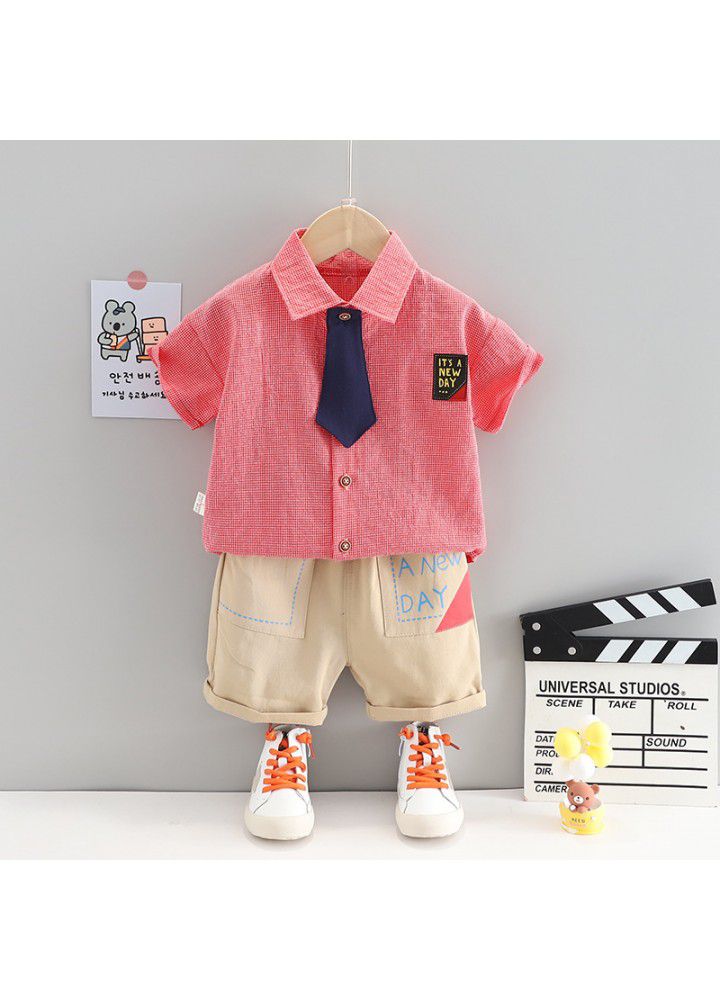 Baby's summer clothes children's shirt boy's foreign style children's short sleeve children's clothes children's Plaid Tie Shirt two piece set fashion