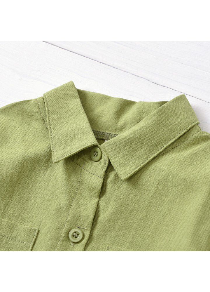 2020 cross border new children's wear Euro American style solid color Lapel long sleeve single breasted shirt letter belt children's wear for men and women