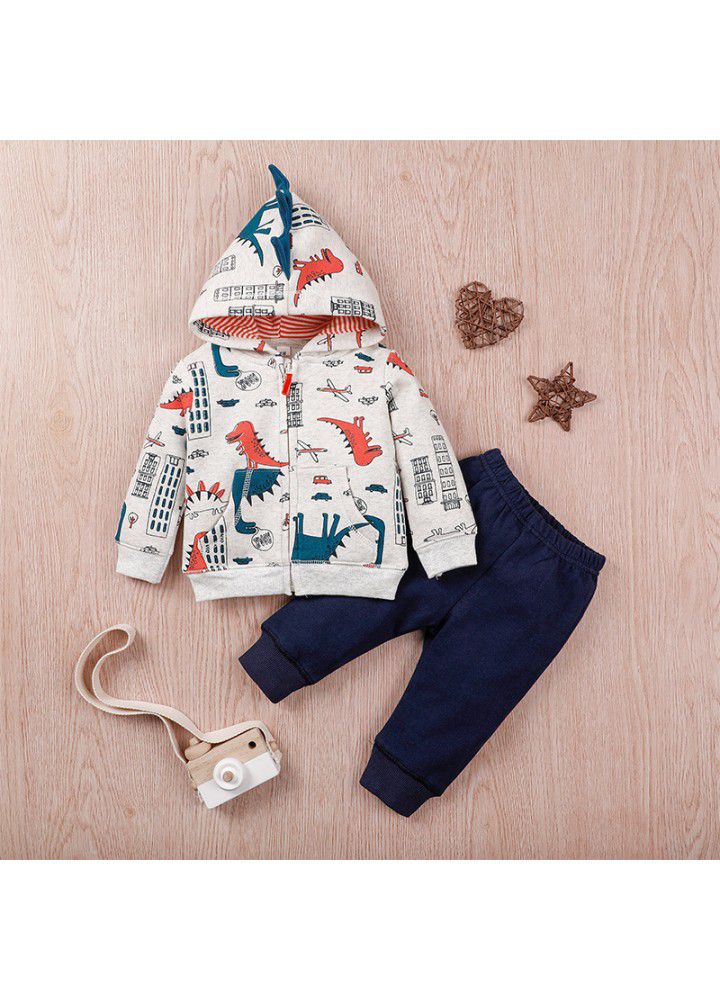 Children's autumn hooded Zipper Jacket Pants Set baby dinosaur jacket pants two piece set