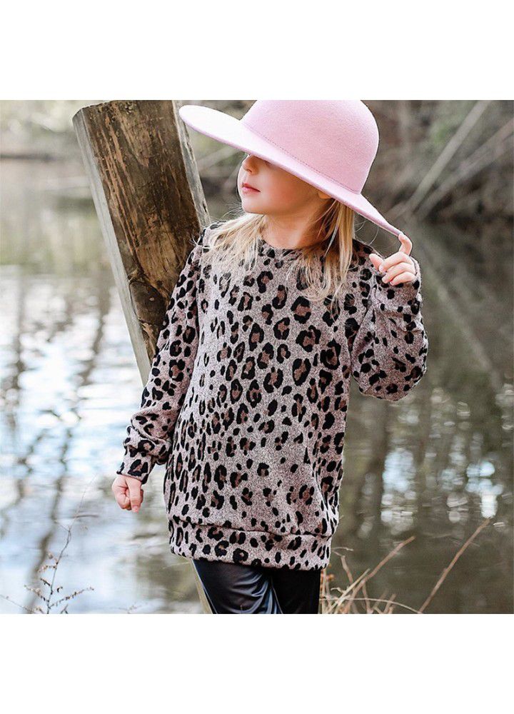 A188ᦇforeigntradegirls'middleandprimaryschoolchildren'ssetleopardprintroundnecklongsleevesweaterleatherpantsunderpantstwopieceset 