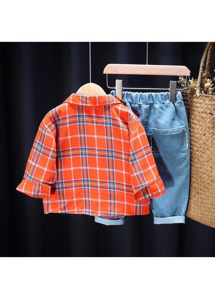 Postal children's clothing autumn 2020 new boys and girls plaid shirt long sleeve casual suit wholesale three piece set trend