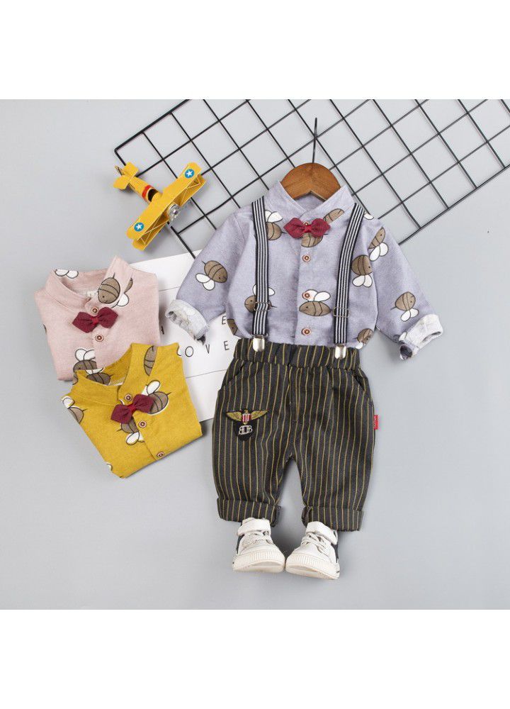 Korean boys' long sleeve bee shirt two piece set autumn 2020 children's new strap Pants Set one hair substitute