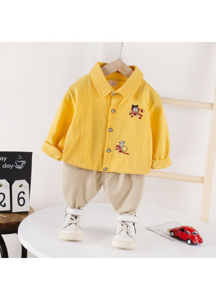 Baby boys' new 0-4 year old children's solid color Lapel shirt casual long sleeve two piece set issued by manufacturer