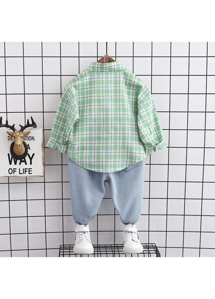 Boys' spring shirt children's foreign style suit 2020 new children's handsome Plaid jeans two piece set