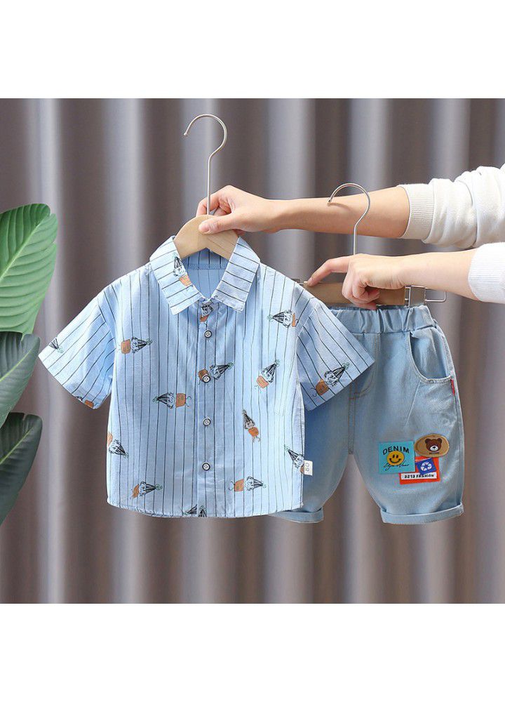 Boys' Korean Short Sleeve suit summer new children's cartoon vertical stripe shirt and shorts two piece suit