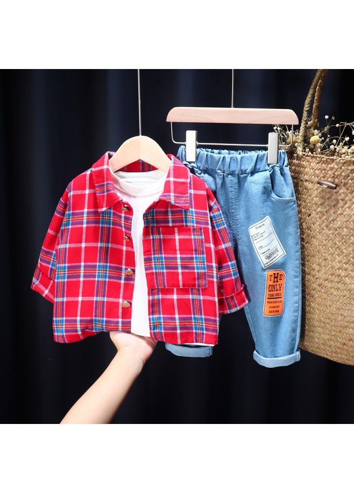 Postal children's clothing autumn 2020 new boys and girls plaid shirt long sleeve casual suit wholesale three piece set trend