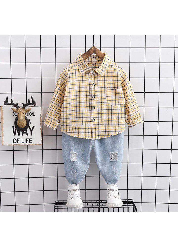Boys' spring shirt children's foreign style suit 2020 new children's handsome Plaid jeans two piece set
