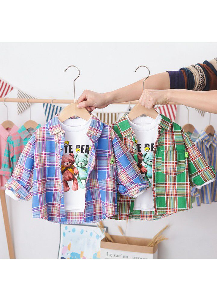 Children's wear boys' spring and autumn suit 2021 new foreign trade boys' handsome casual Plaid Shirt three piece set