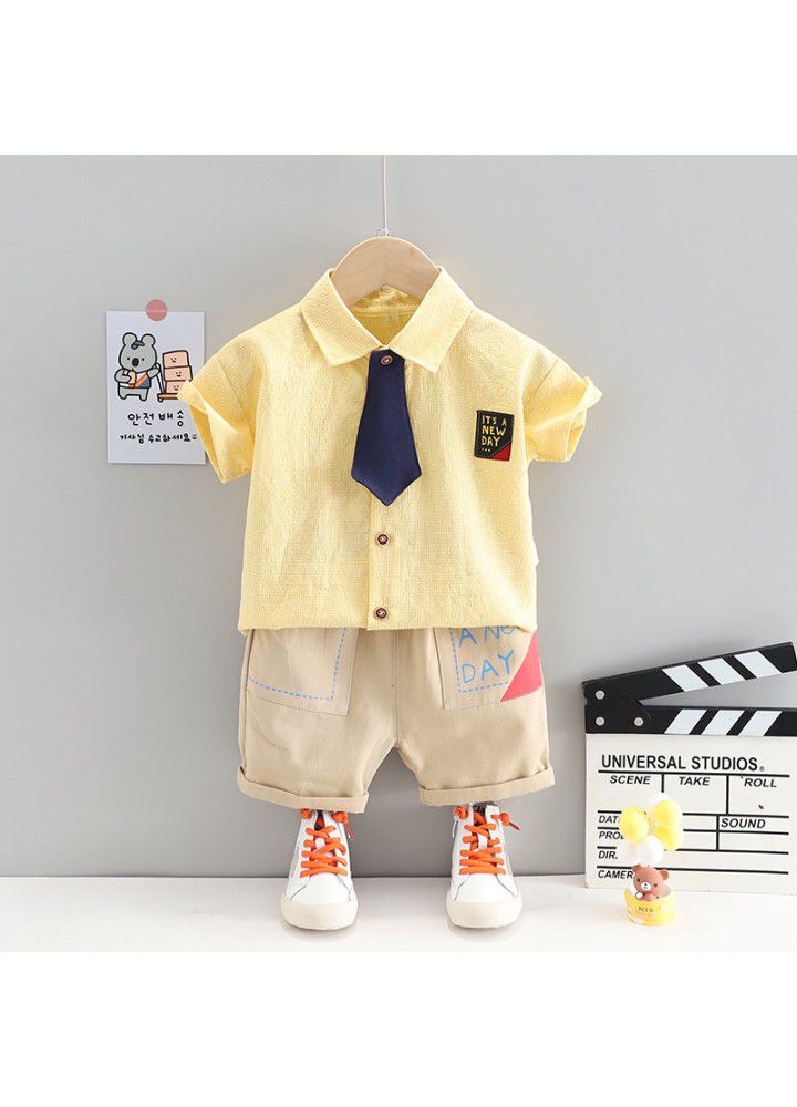 Baby's summer clothes children's shirt boy's foreign style children's short sleeve children's clothes children's Plaid Tie Shirt two piece set fashion
