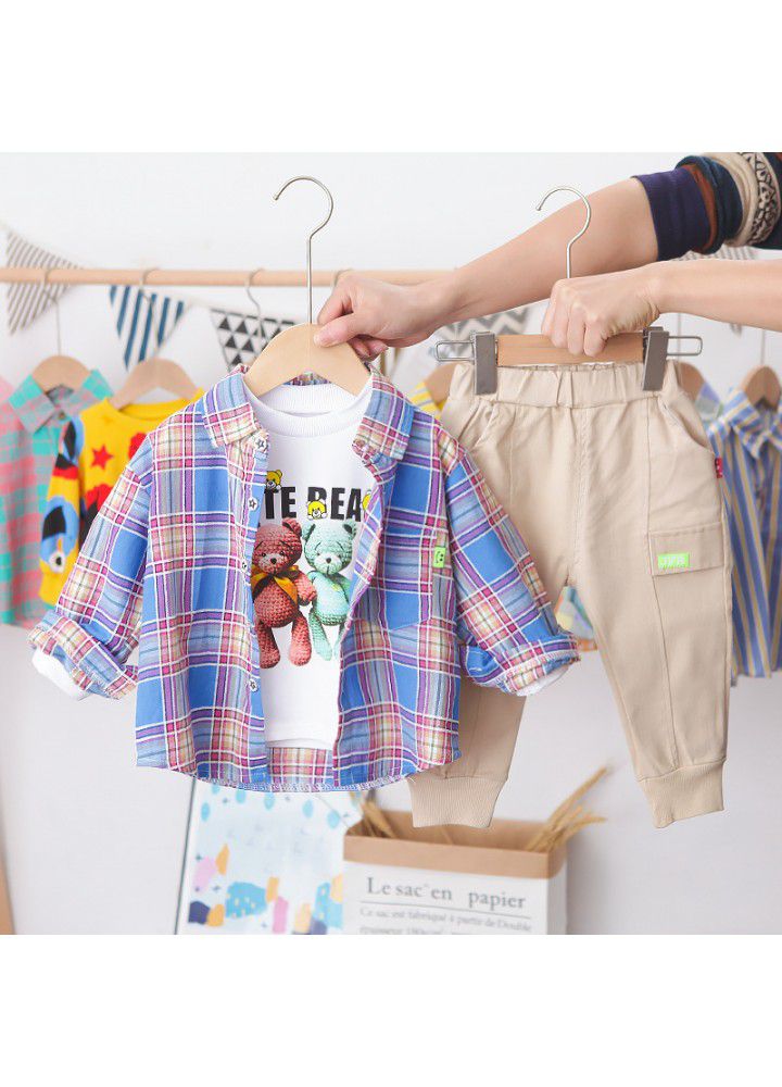 Children's wear boys' spring and autumn suit 2021 new foreign trade boys' handsome casual Plaid Shirt three piece set