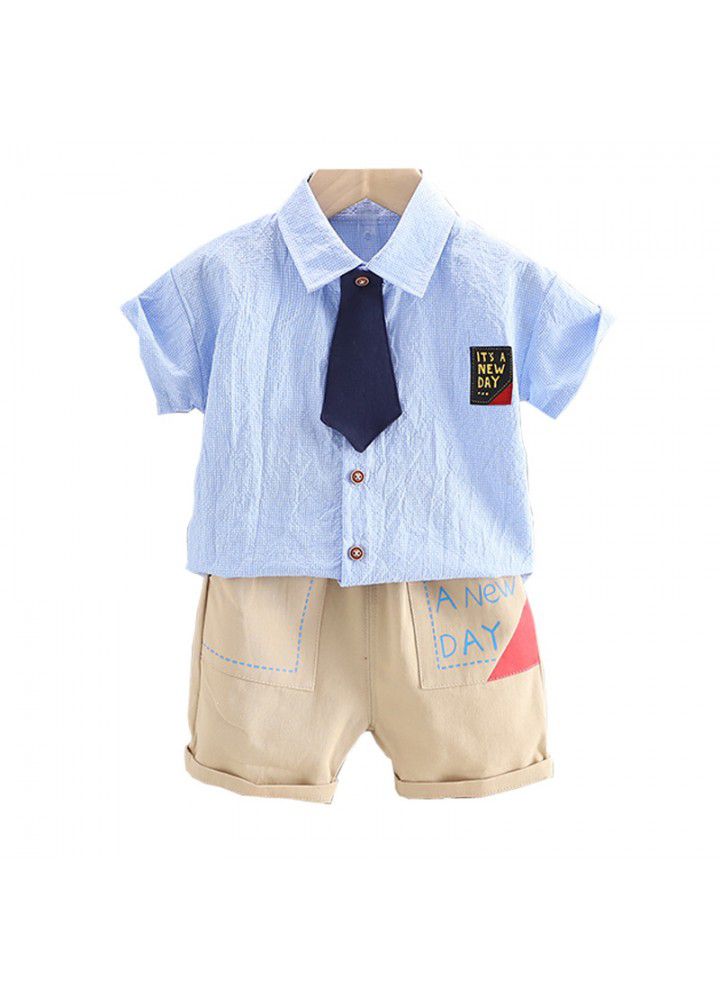 Baby's summer clothes children's shirt boy's foreign style children's short sleeve children's clothes children's Plaid Tie Shirt two piece set fashion