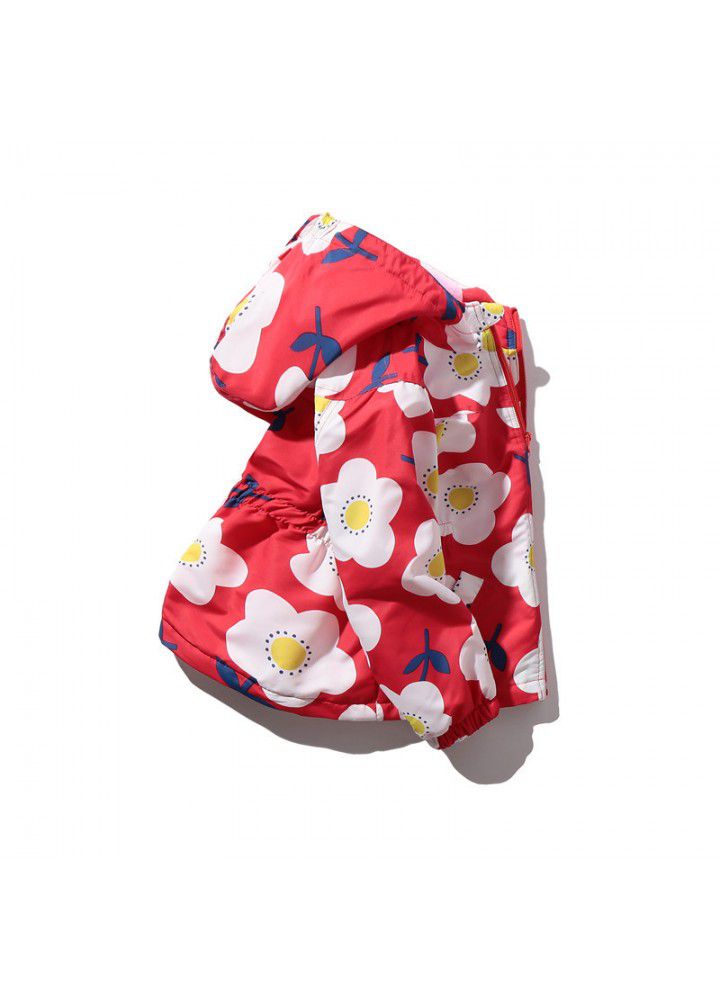 European and American girl's coat, love Plush windbreaker, waist closed, hooded, stormcoat, waterproof children's coat
