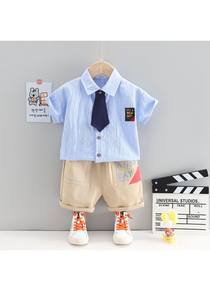 Baby's summer clothes children's shirt boy's foreign style children's short sleeve children's clothes children's Plaid Tie Shirt two piece set fashion