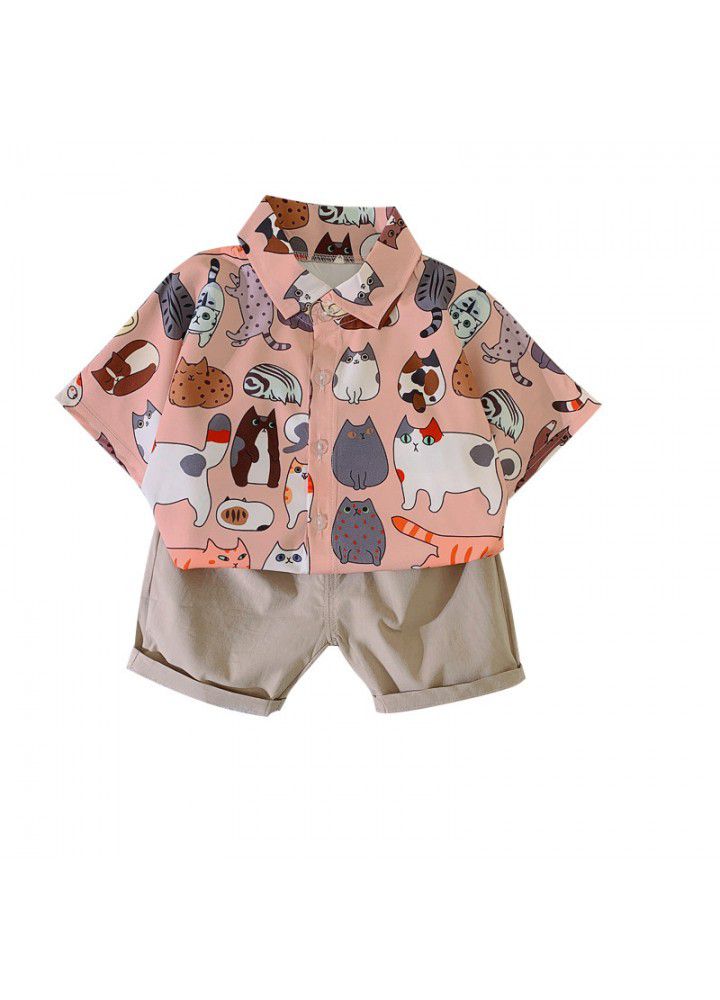 2021 summer new children's short sleeved shorts two-piece set Korean cartoon animal shirt foreign trade children's clothing wholesale