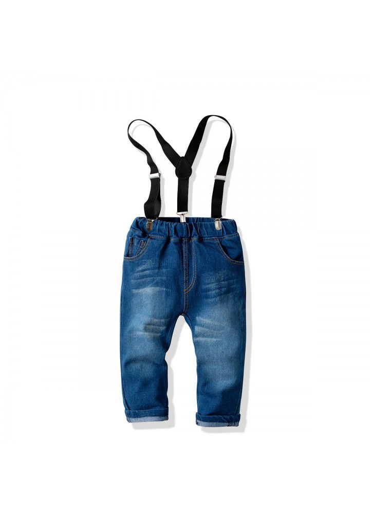 Cross border boy's cotton long sleeve collar shirt denim strap pants suit children's banquet formal dress