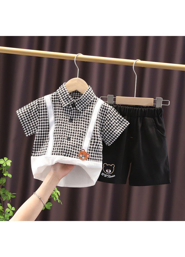 Cross border children's clothing wholesale 2021 summer new baby foreign style Plaid Shirt Short Sleeve suit summer two piece suit