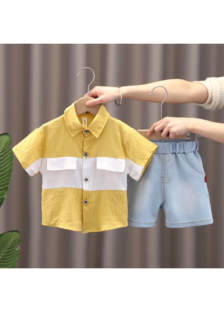 Children's summer new boys' short sleeve cotton and Linen Shirt Set Girls' denim shorts two piece set wholesale