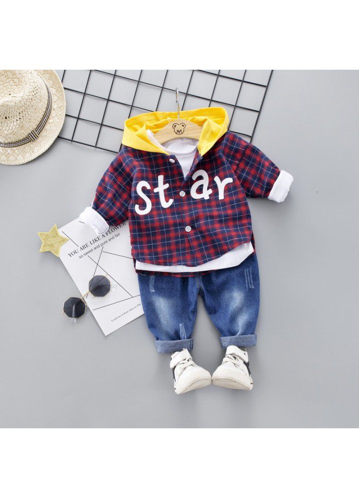 Ins popular plaid shirt children's clothing one hair generation 2019 children's clothing boys 1-3 years old children's jeans suit fashion