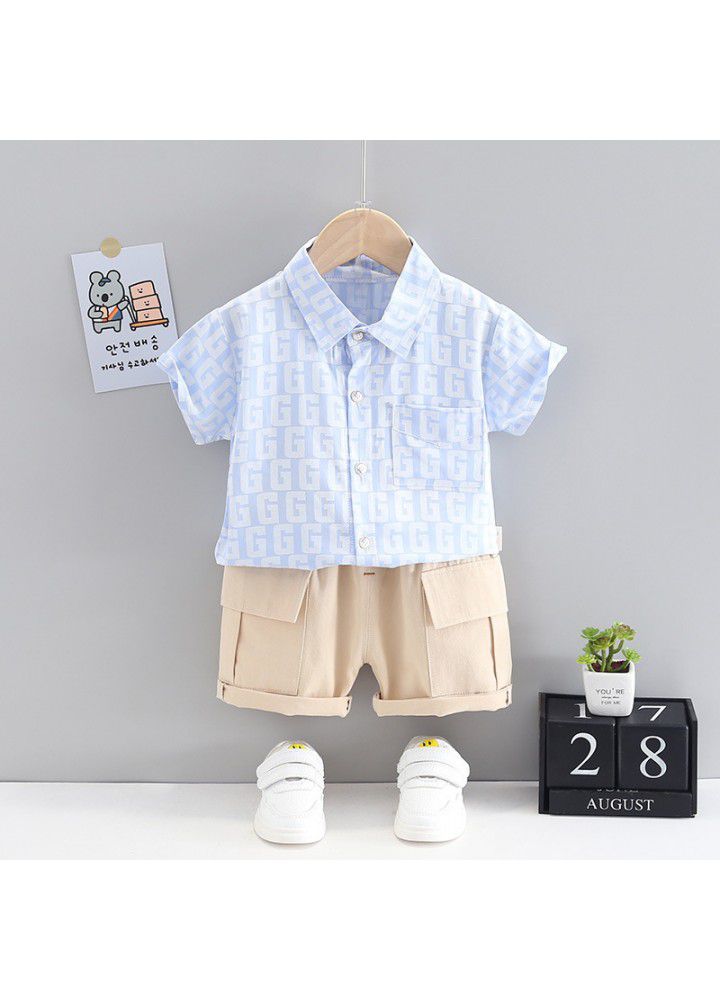 Boys' summer suit handsome children's cotton shirt T-shirt short sleeve casual fashion shorts 3-year-old two piece set