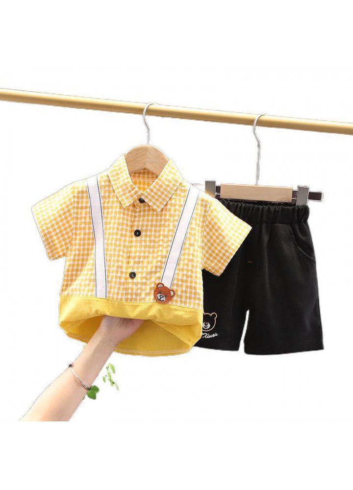 Cross border children's clothing wholesale 2021 summer new baby foreign style Plaid Shirt Short Sleeve suit summer two piece suit