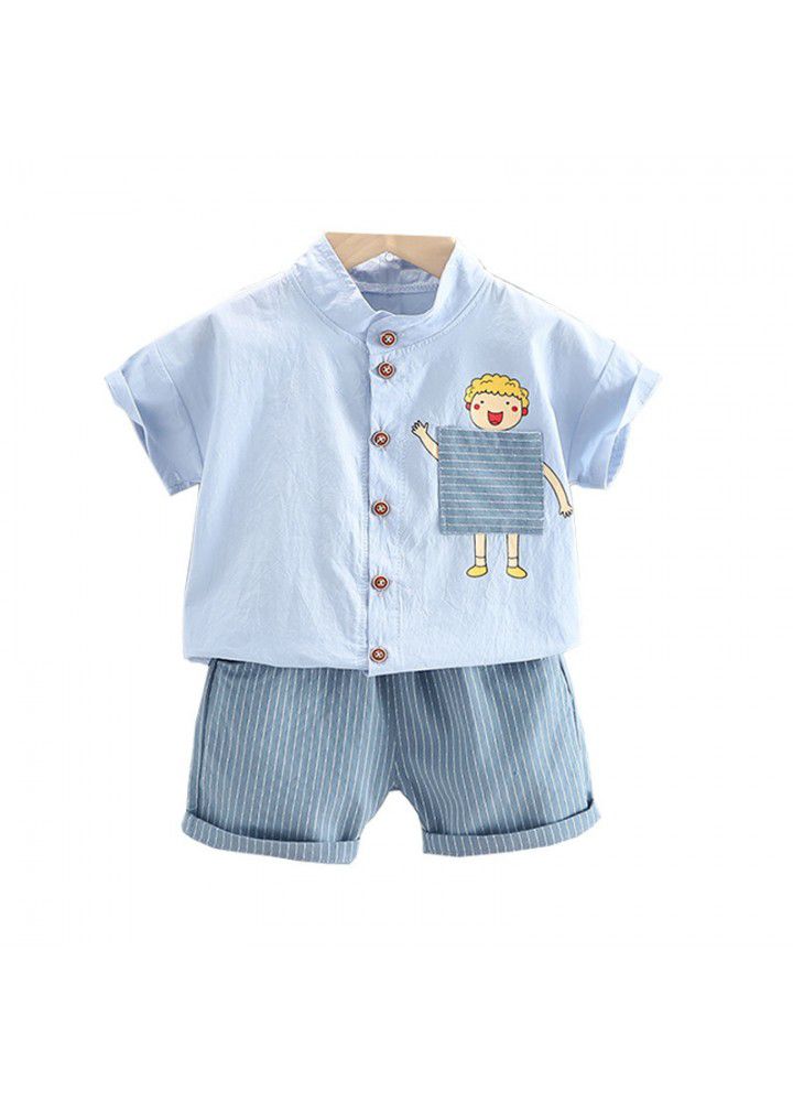 Summer children's clothing 2021 new children's foreign style Korean cartoon stand collar short sleeve shirt two piece set cross border direct approval