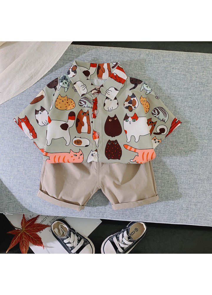 2021 summer new children's short sleeved shorts two-piece set Korean cartoon animal shirt foreign trade children's clothing wholesale
