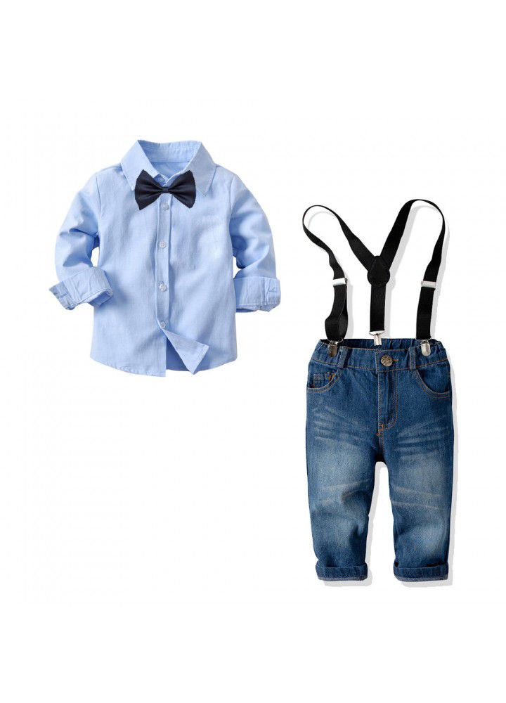 Cross border boy's cotton long sleeve collar shirt denim strap pants suit children's banquet formal dress
