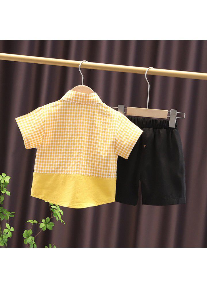 Cross border children's clothing wholesale 2021 summer new baby foreign style Plaid Shirt Short Sleeve suit summer two piece suit