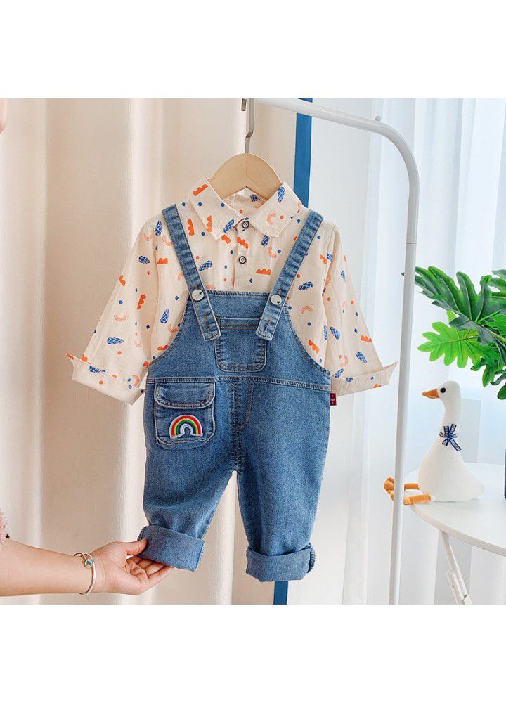 Children's wear boys' spring suit 2021 spring and autumn two piece suit of handsome baby shirt and suspenders