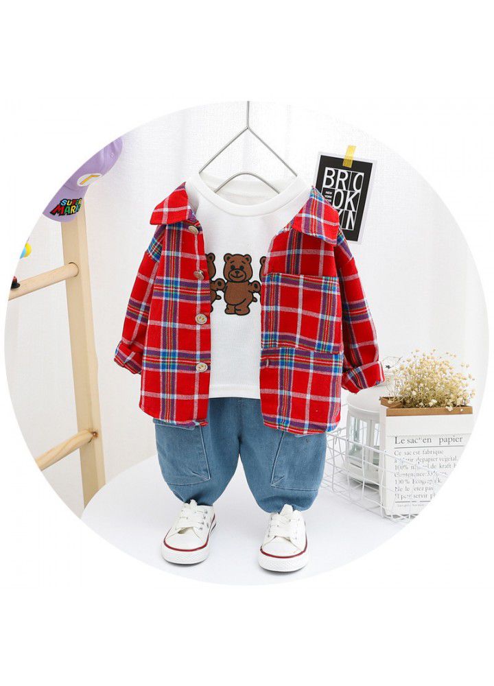 2020 autumn spot children's clothing foreign trade Plaid Shirt coat jeans pants boy's suit cute bear