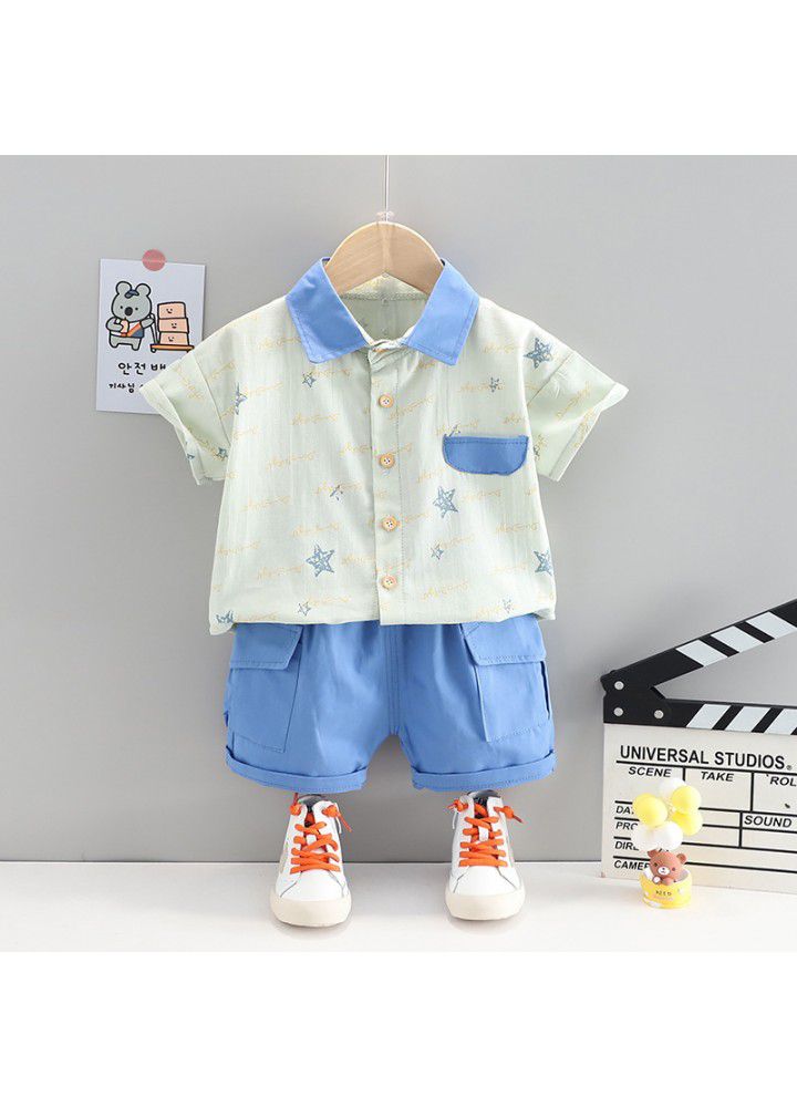 Foreign trade children's clothing wholesale 1-4 boys' foreign style Lapel Short Sleeve Shirt Set