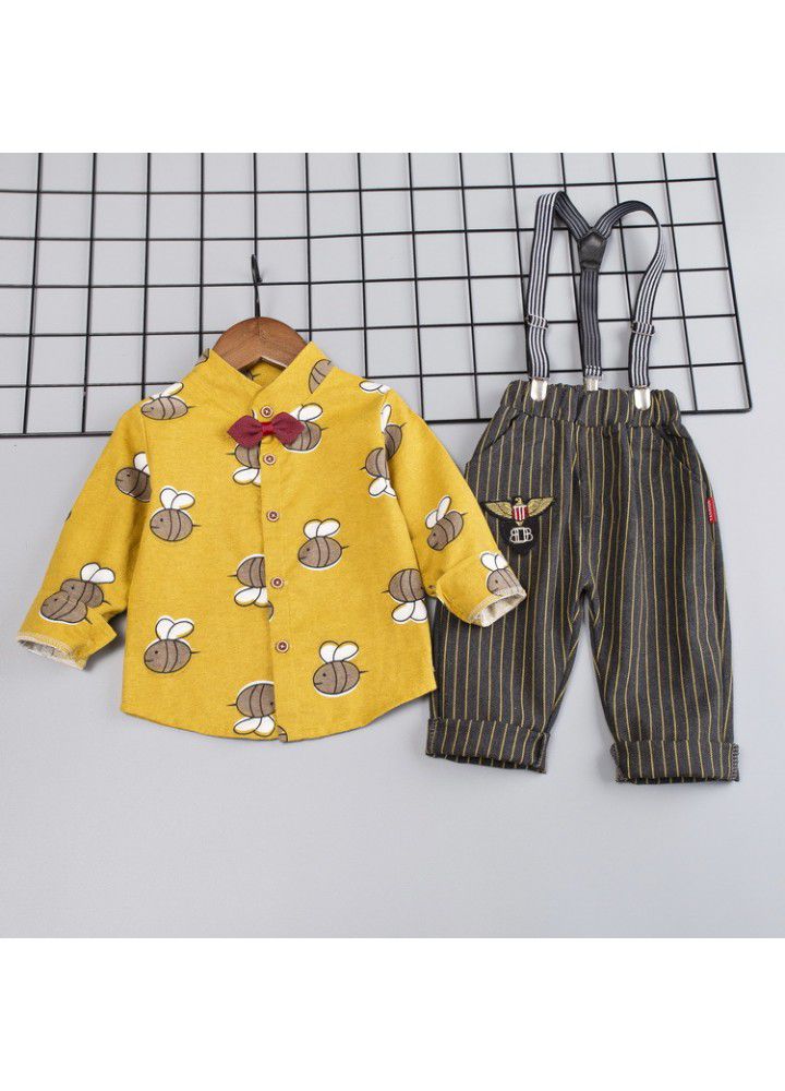 Korean boys' long sleeve bee shirt two piece set autumn 2020 children's new strap Pants Set one hair substitute