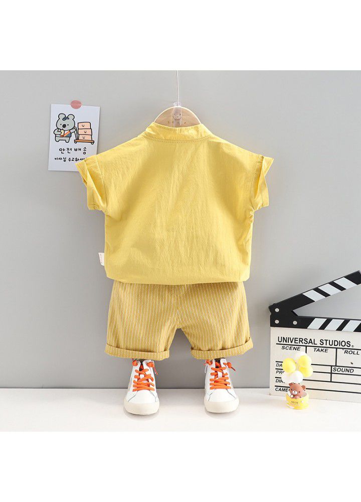 Summer children's clothing 2021 new children's foreign style Korean cartoon stand collar short sleeve shirt two piece set cross border direct approval