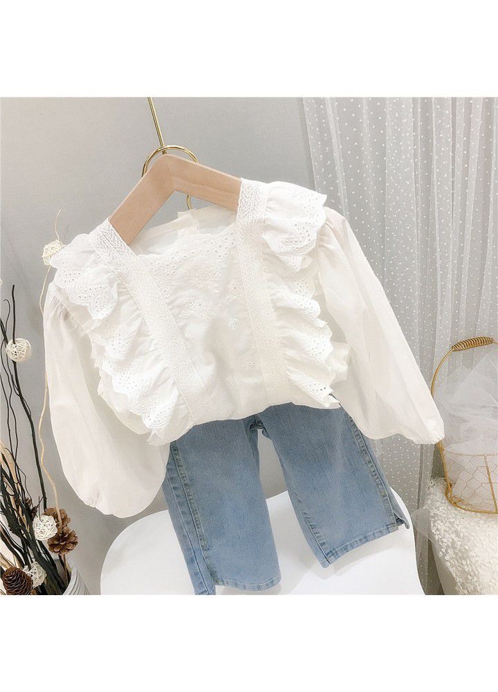 Spring European and American style white shirt girl's loose hollow out embroidery cover lining children's long sleeve lace shirt top