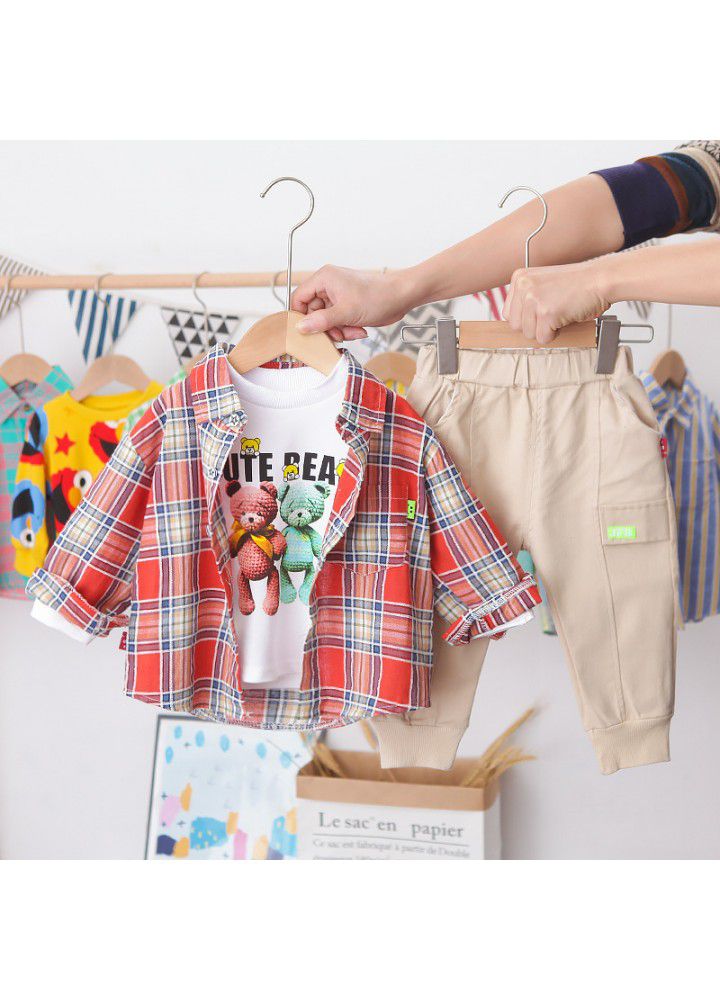 Children's wear boys' spring and autumn suit 2021 new foreign trade boys' handsome casual Plaid Shirt three piece set