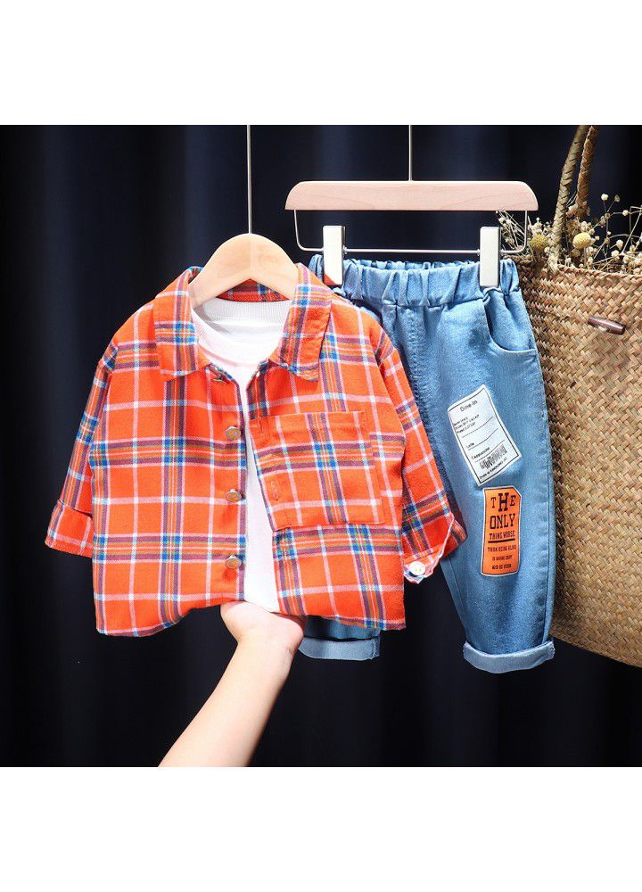 Postal children's clothing autumn 2020 new boys and girls plaid shirt long sleeve casual suit wholesale three piece set trend