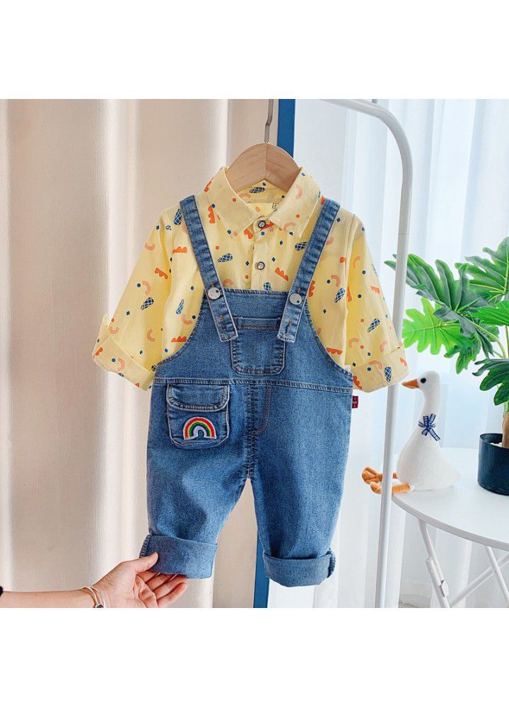 Children's wear boys' spring suit 2021 spring and autumn two piece suit of handsome baby shirt and suspenders