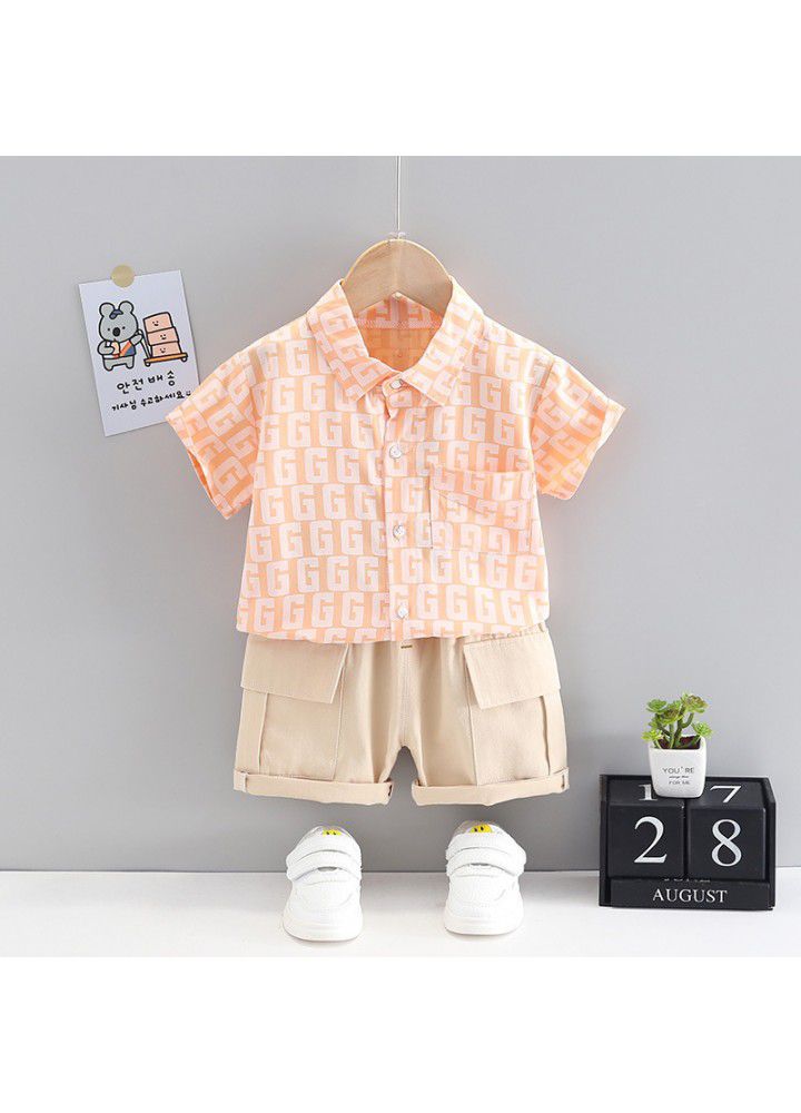 Boys' summer suit handsome children's cotton shirt T-shirt short sleeve casual fashion shorts 3-year-old two piece set