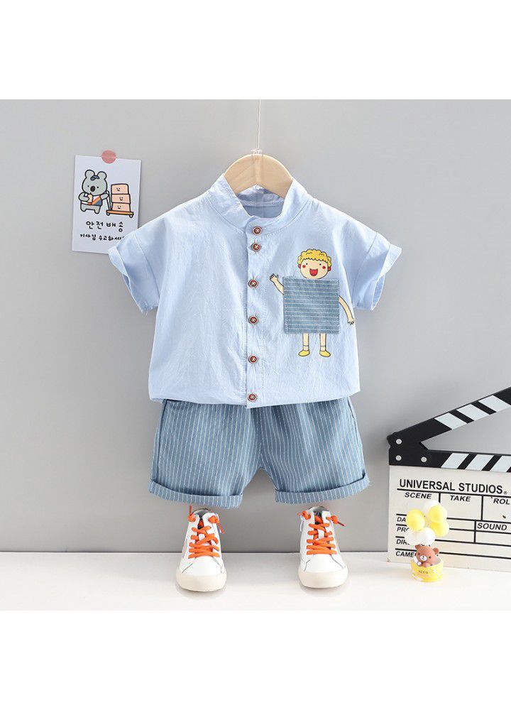 Summer children's clothing 2021 new children's foreign style Korean cartoon stand collar short sleeve shirt two piece set cross border direct approval