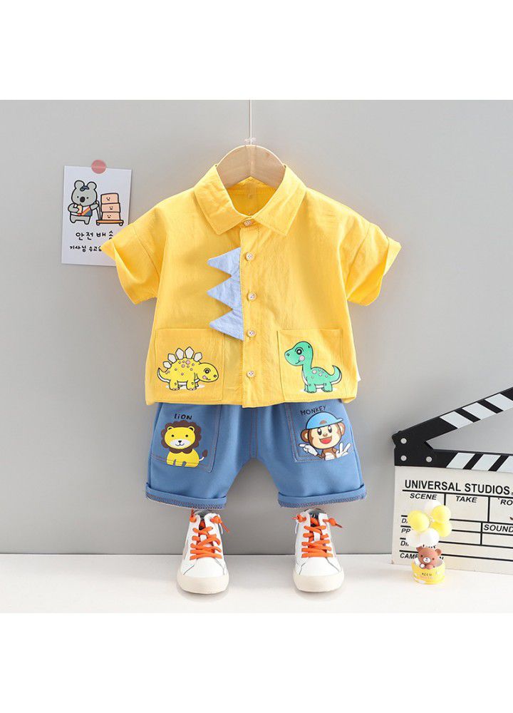 2021 cartoon shirt denim pants two piece set children's set cute boys and girls set one hair