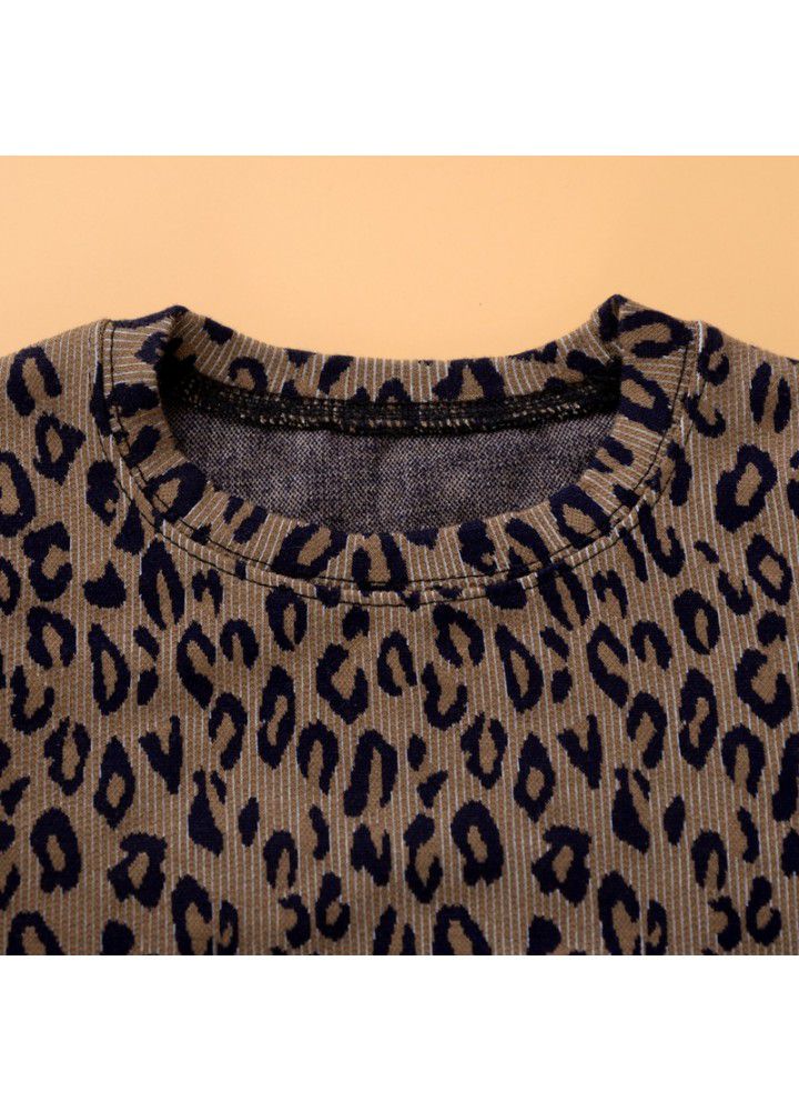 A188ᦇforeigntradegirls'middleandprimaryschoolchildren'ssetleopardprintroundnecklongsleevesweaterleatherpantsunderpantstwopieceset 