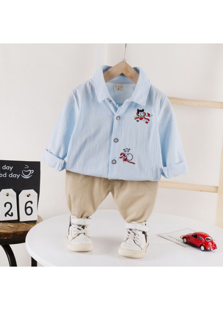 Baby boys' new 0-4 year old children's solid color Lapel shirt casual long sleeve two piece set issued by manufacturer