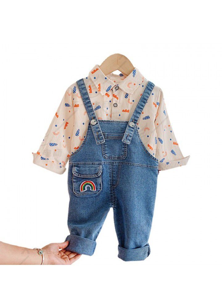 Children's wear boys' spring suit 2021 spring and autumn two piece suit of handsome baby shirt and suspenders