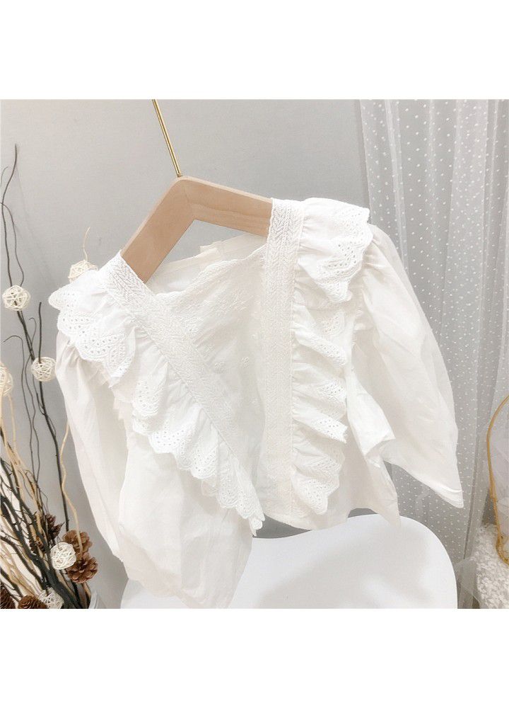 Spring European and American style white shirt girl's loose hollow out embroidery cover lining children's long sleeve lace shirt top