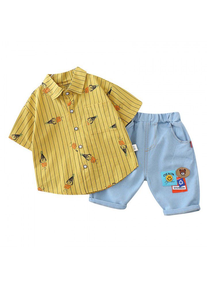Boys' Korean Short Sleeve suit summer new children's cartoon vertical stripe shirt and shorts two piece suit