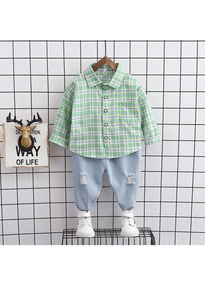 Boys' spring shirt children's foreign style suit 2020 new children's handsome Plaid jeans two piece set