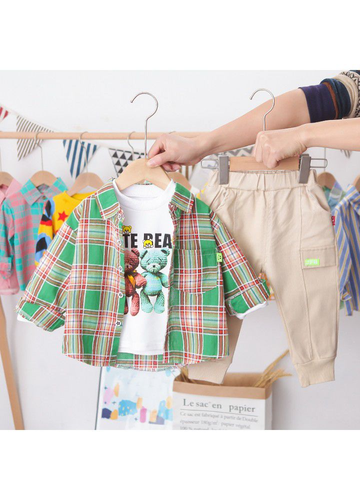 Children's wear boys' spring and autumn suit 2021 new foreign trade boys' handsome casual Plaid Shirt three piece set