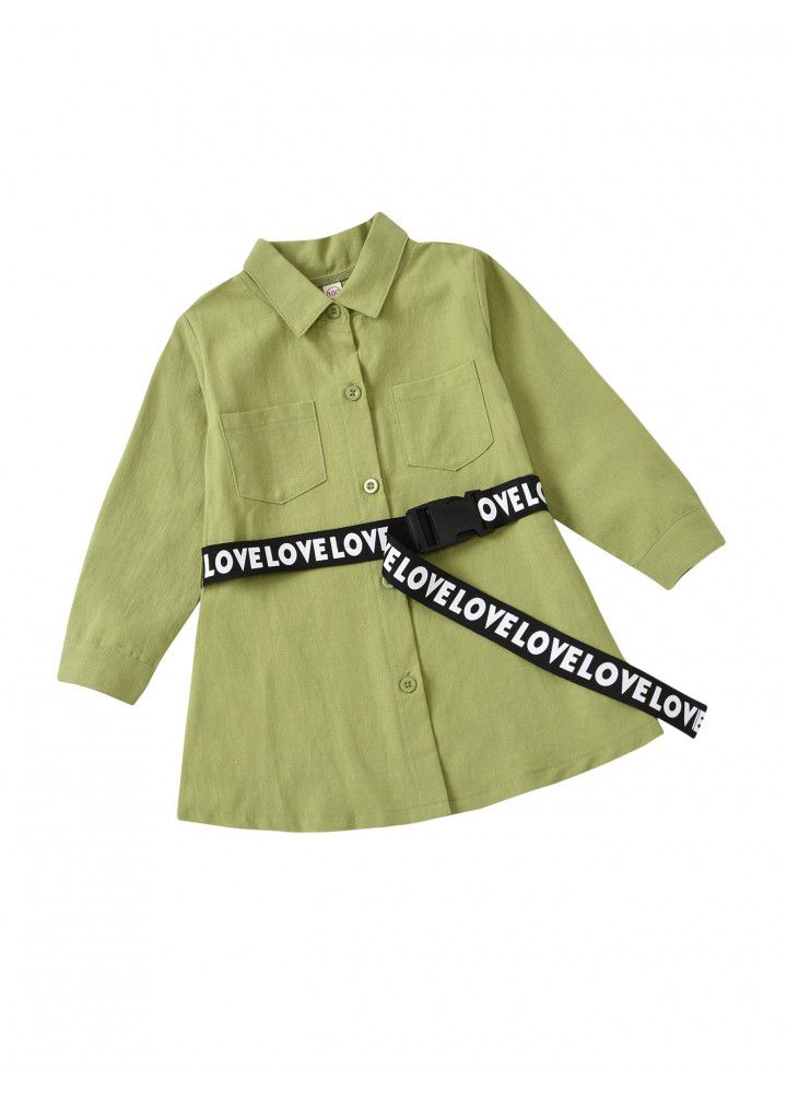 2020 cross border new children's wear Euro American style solid color Lapel long sleeve single breasted shirt letter belt children's wear for men and women