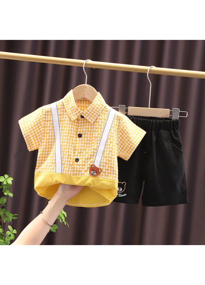 Cross border children's clothing wholesale 2021 summer new baby foreign style Plaid Shirt Short Sleeve suit summer two piece suit