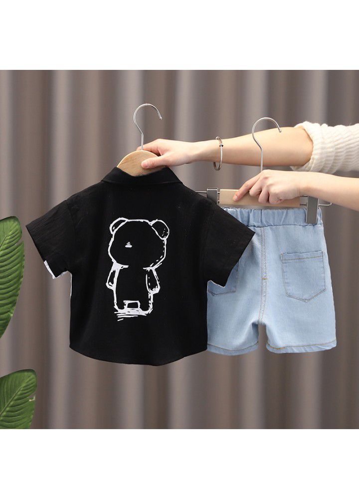 Children's summer new boys' short sleeve cotton and Linen Shirt Set Girls' denim shorts two piece set wholesale